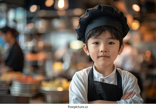 Portrait of a young Asian boy in a chef's hat and apron standing in a commercial kitchen