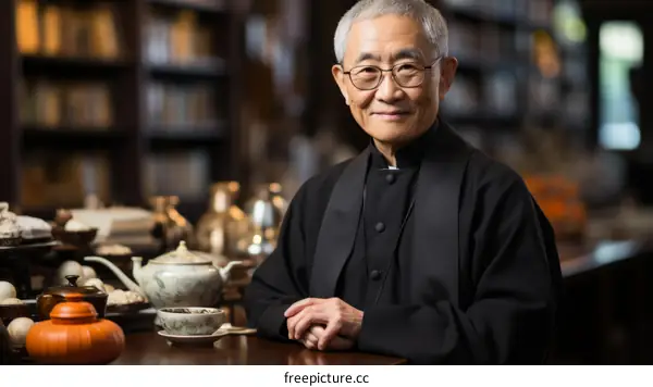 Portrait of a smiling elderly Asian man in a black robe sitting at a table in a library