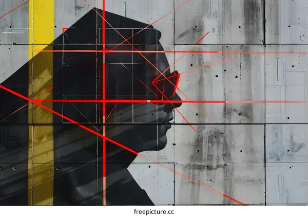 Abstract Portrait Art on Concrete Wall with Red Lines