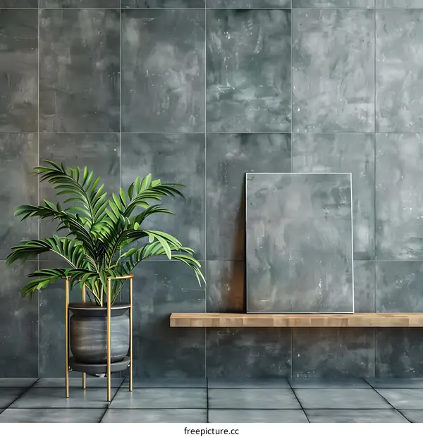 Modern Minimalist Interior Design with Green Plant and Blank Canvas