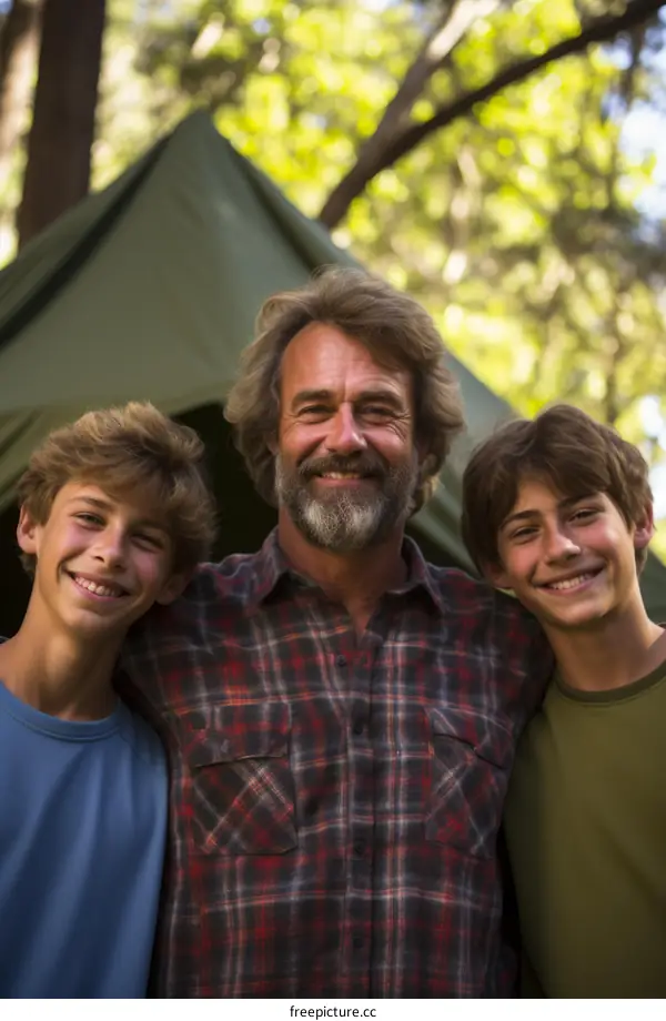 Happy family camping together in the woods