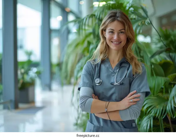 Confident female doctor standing with arms crossed in hospital