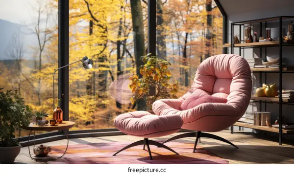 A beautiful living room with a large pink chair and a view of the fall forest