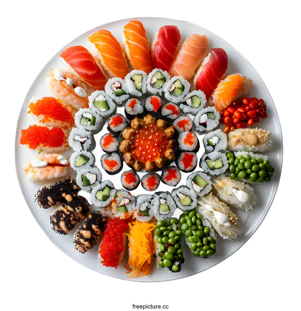 [Transparent Background PNG]A variety of sushi and sashimi arranged on a white plate