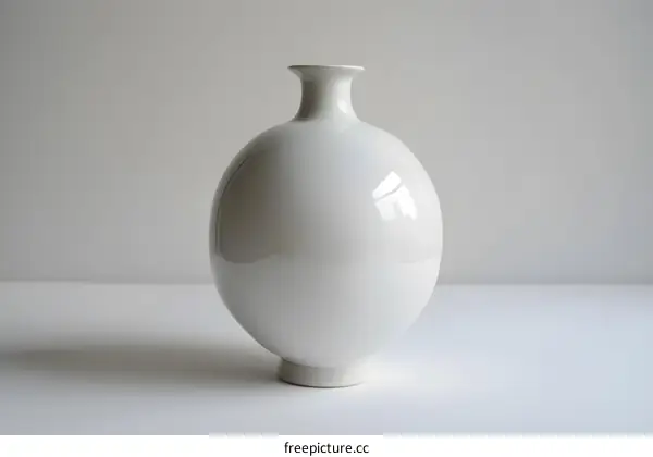 A simple white vase sits on a white table against a white background.