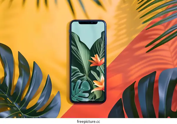 Smartphone with Tropical Leaves and Flowers on Screen
