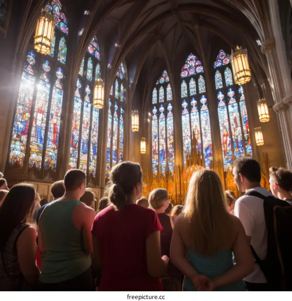 Visitors admire the stained glass windows of a gothic cathedral
