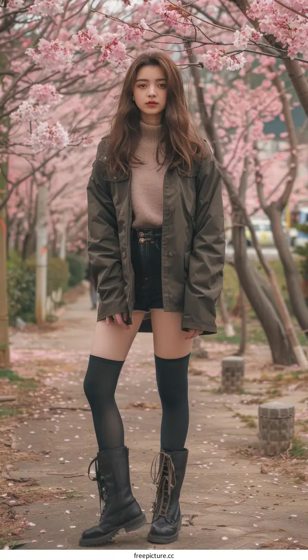 Asian Woman in Pink Dress Posing Under Blooming Cherry Blossom Tree