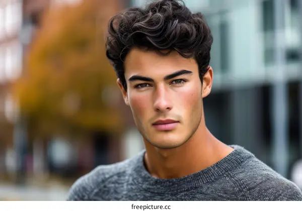 Portrait of a handsome young man with wavy brown hair wearing a gray sweater
