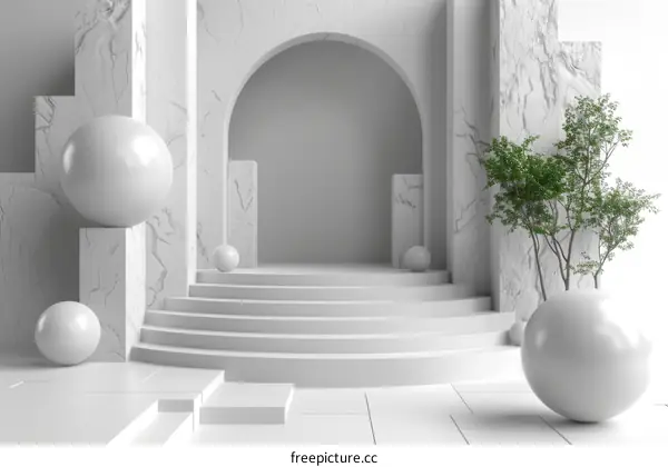 White Architectural Podium with Spheres and Plants