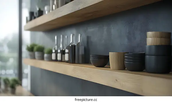 Wooden Shelves with Kitchenware Display