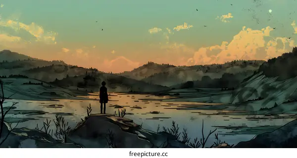 Silhouette of Person Standing on Rock Overlooking Lake and Mountains
