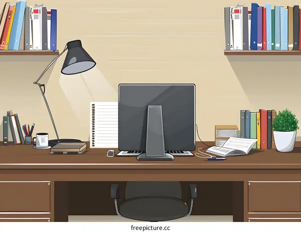 Modern Home Office Workspace with Desk, Computer, and Bookshelves