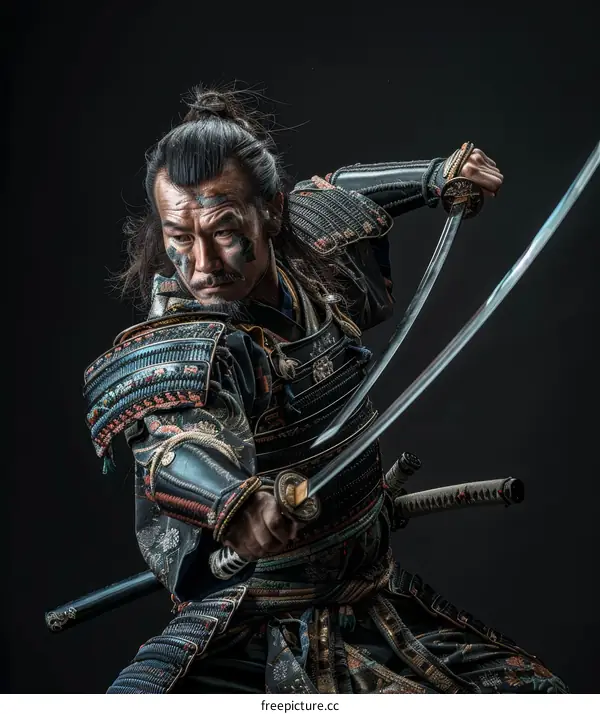 A samurai warrior with two swords in a fighting stance