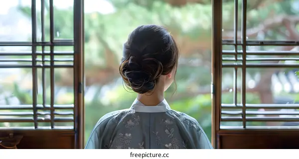 A woman wearing a hanbok is looking out the window