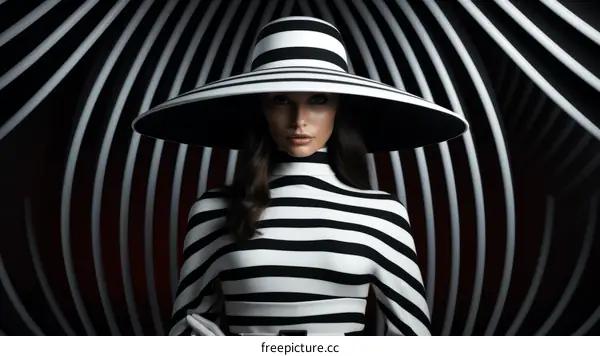 portrait of a woman wearing a black and white striped dress and hat