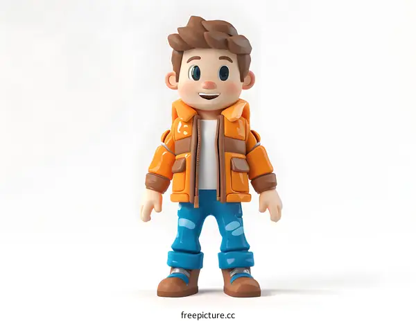 3D rendering of a happy young boy wearing an orange jacket and blue jeans