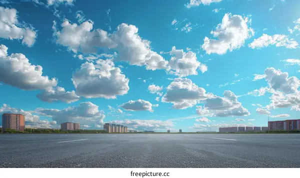 Paved Road Under Cumulus Clouds and Clear Blue Sky