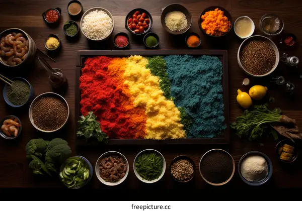 Colorful ingredients arranged beautifully on a wooden table