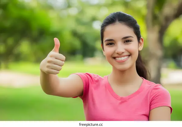 Smiling Girl Giving Thumbs Up in Park