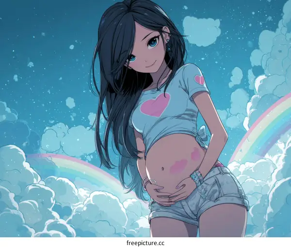 Anime Girl with a Pregnant Belly in a Light Blue Outfit