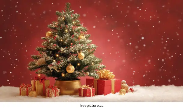 Christmas Tree with Presents and Snow