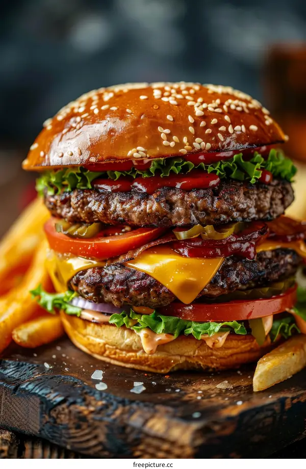 A delicious double cheeseburger with fries