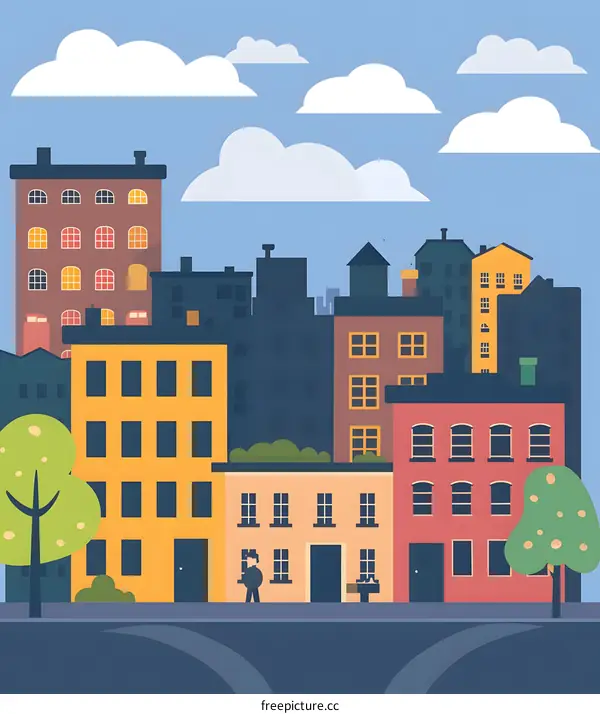 Simple Illustration of a Cityscape with Buildings, Trees and a Person
