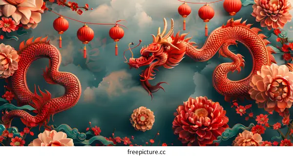 A red dragon flying in the sky with牡丹.