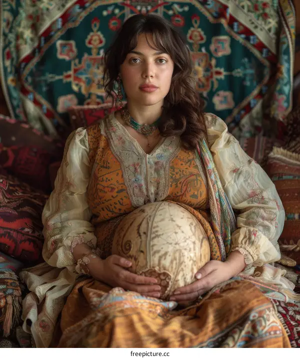 Pregnant Woman in Traditional Dress Holding Decorated Calabash