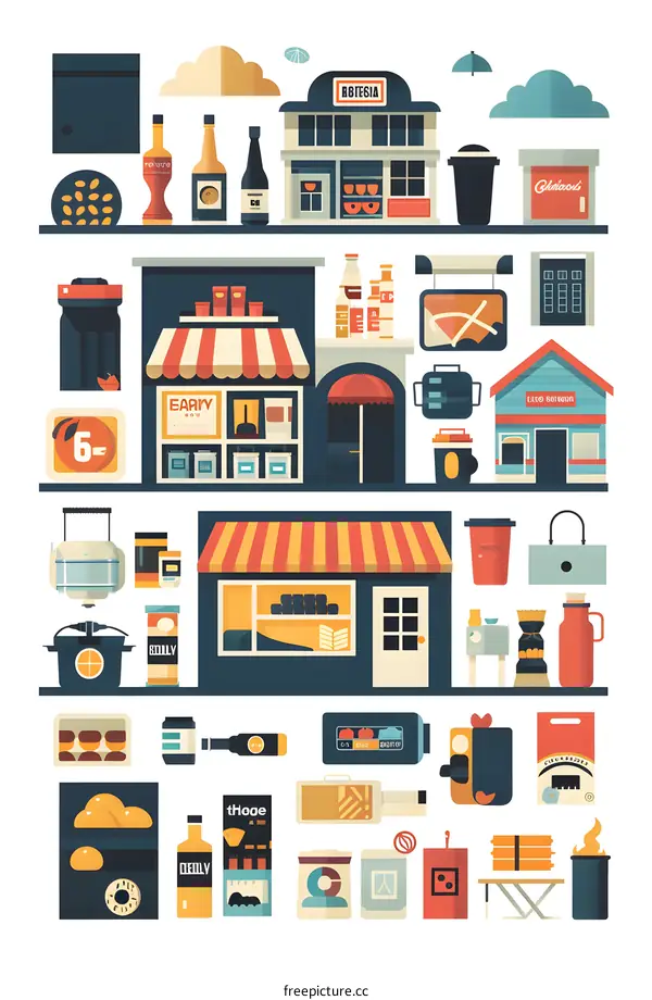 Collection of Various Flat Design Elements for Commercial Street Scene