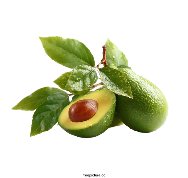 [Transparent Background PNG]Fresh Ripe Avocado with Leaves