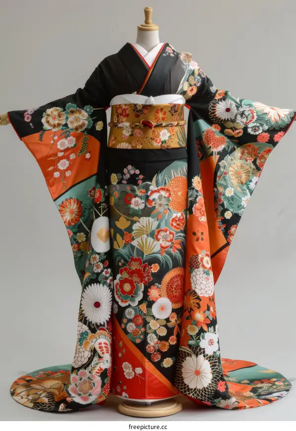 A woman wearing a kimono with a floral pattern