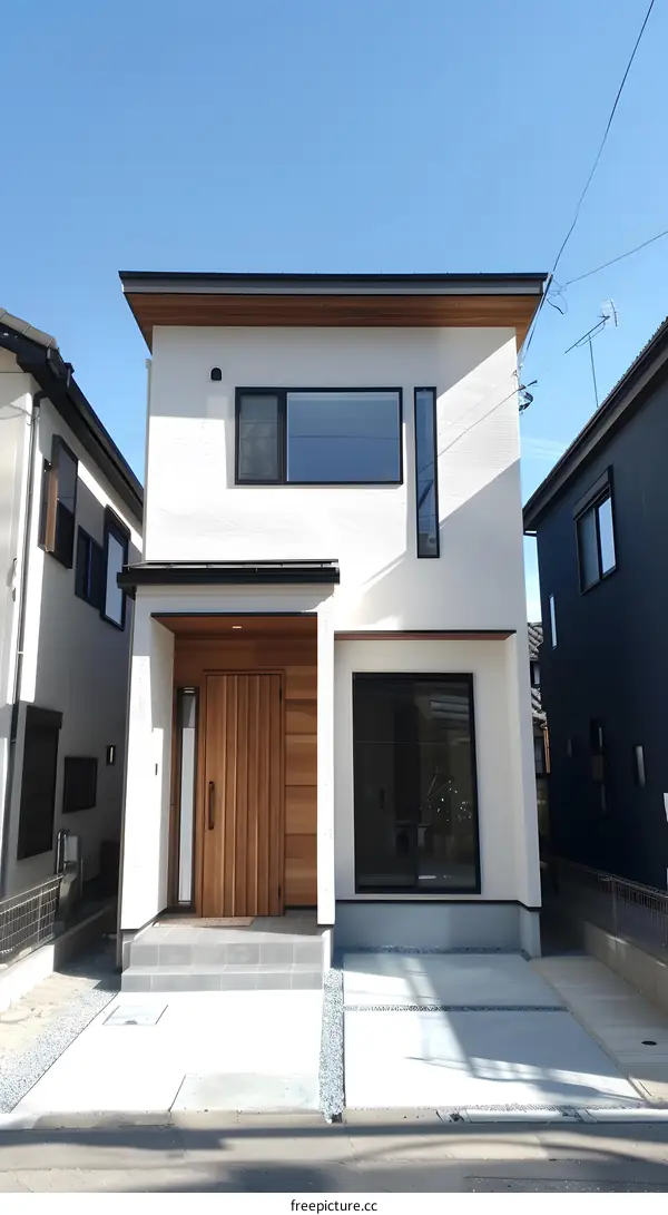 Modern Minimalist House Exterior Design with Wooden Door and Windows