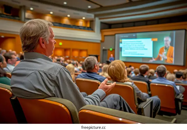 Businessman in green shirt raising his hand in a business conference