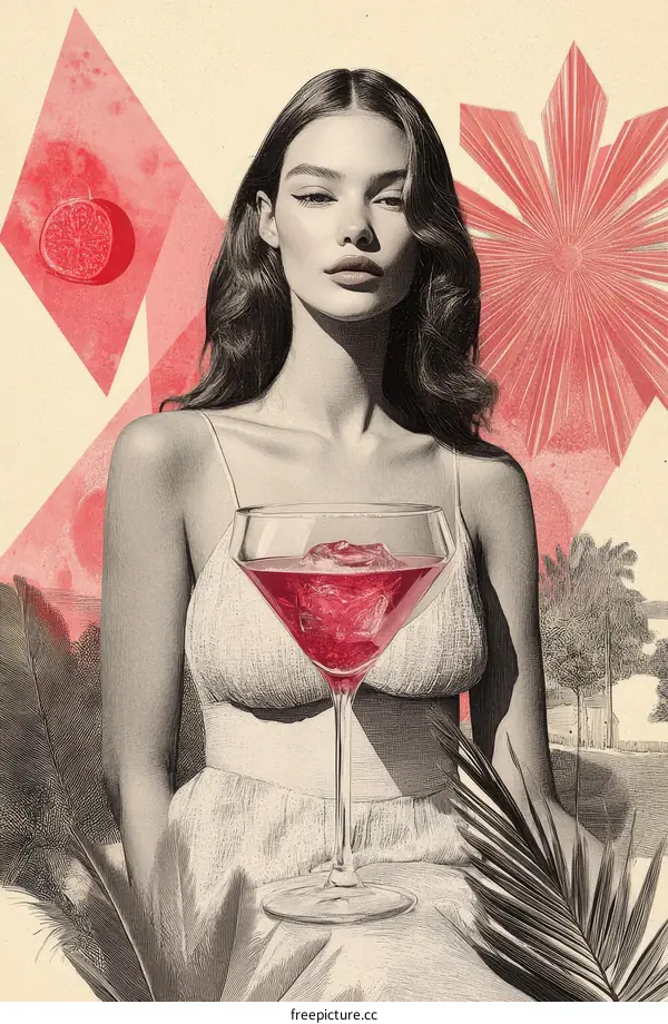 Elegant Lady with a Cocktail in a Summery Collage