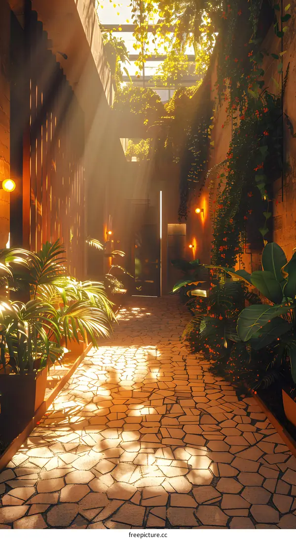 Sunlight shining through a tropical courtyard