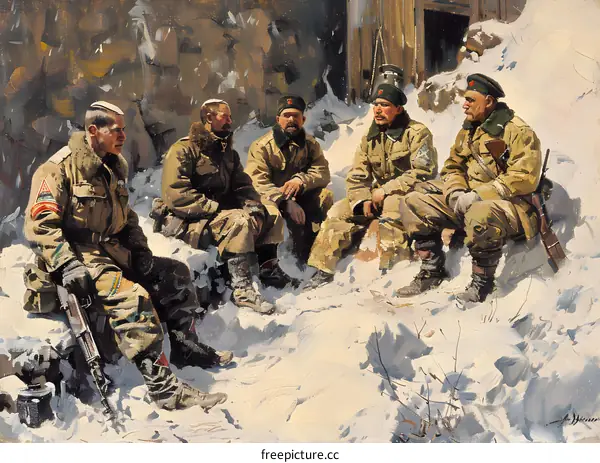 Five soldiers in the snow