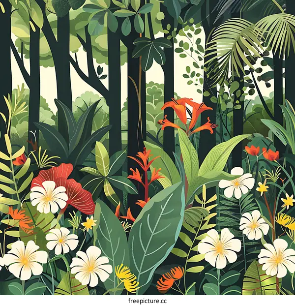 Tropical Rainforest Lush Green Foliage Illustration