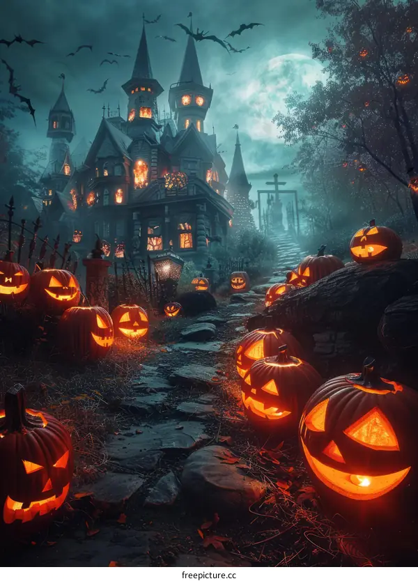 Spooky Haunted House with Pumpkins and Bats