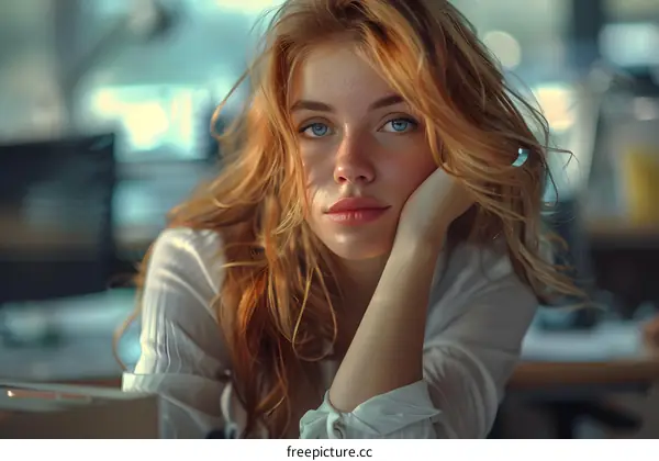 Portrait of a Bored Young Woman with Freckles