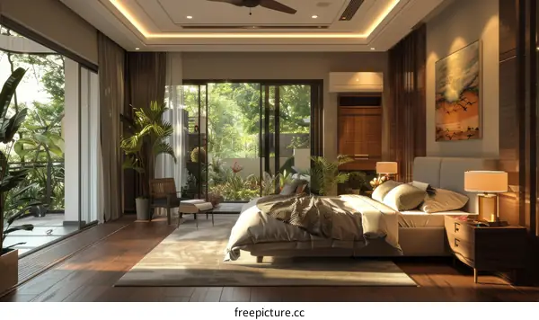 The sunlight shines through the floor-to-ceiling windows into the bedroom, and the green plants outside the window bring a natural atmosphere to the room.