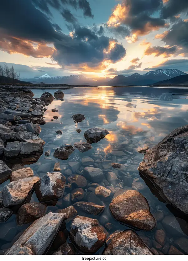 Rocky Lake Shore at Sunset