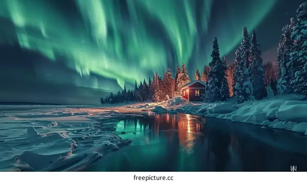 Aurora borealis over a frozen lake in Lapland