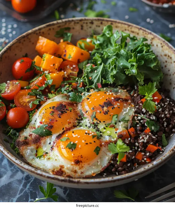 Fried eggs with vegetables and lentils