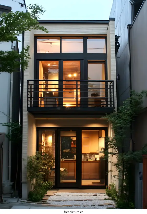 Modern Minimalist House Exterior With Balcony And Large Windows