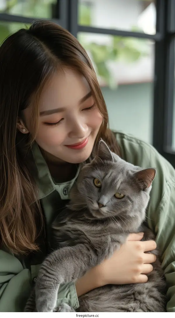 A young woman is hugging a gray cat