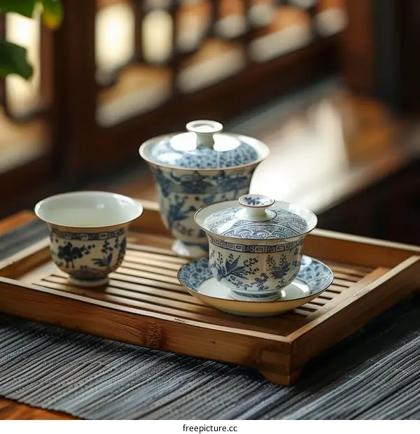 Blue and White Porcelain Tea Set on Bamboo Tray