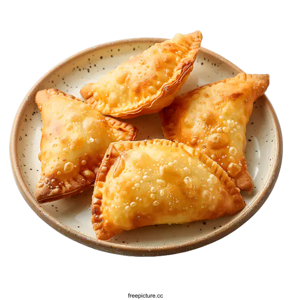 [Transparent Background PNG]Four baked empanadas on a plate