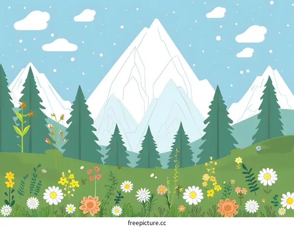 Mountain Landscape with Flowers and Trees